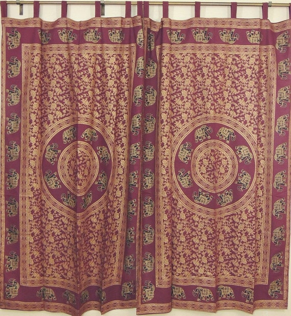 Burgundy and Gold Living Room Cotton Curtain Panel Pair with Elephant 