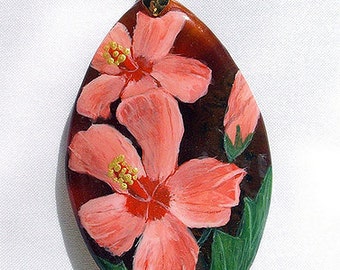 Unique pendants Carnelian necklace Gift women Gifts for sister Painted stones Great gift for mom Gift for her Pink flowers Nature jewelry