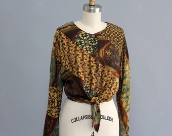 cropped rayon blouse . vintage tie waist blouse . ethnic print blouse . tie front crop top . bohemian festival top, medium large