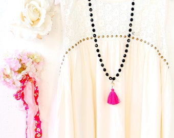 Fuchsia Tassel Black Strand Statement Necklace