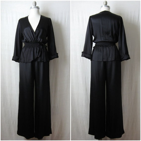 ON HOLD // Wide Leg Pant Suit Black Satin by ultravioletvintage