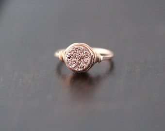Druzy Ring , Rose Gold Gemstone Quartz , Gilded Handmade Ring in Rose Gold Filled , Wire Wrapped Jewelry