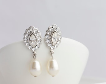 Bridal Earrings Small Wedding Earrings Swarovski Crystal Pearl Earrings Vintage Style Wedding jewelry MAE DROP