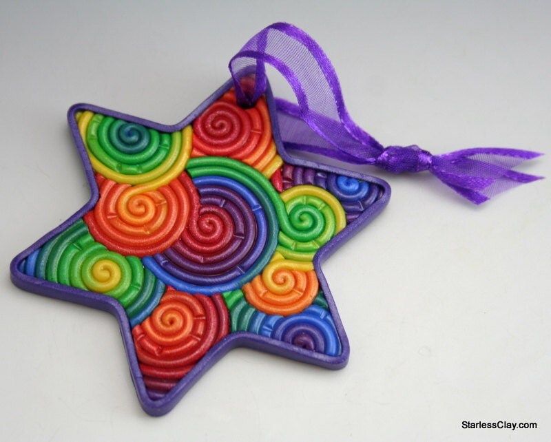 Star of David Ornament in Rainbow Polymer Clay Filigree