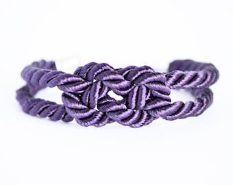 Dark purple double infinity knot nautical rope bracelet with silver anchor charm