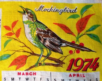 Vintage Tea Towel - Birds - Linen - 1974 Calendar - Reversible - "Two-For" Discount - Item# TT024
