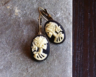 Skeleton cameo earrings, black ivory antique brass leverbacks, Halloween earrings, day of the dead, cameo jewelry, unique holiday gift ideas
