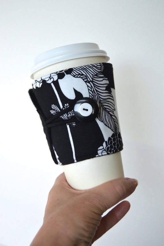 Black and White Coffee Cup Cozy/Jacket/Sleeve Handcrafted