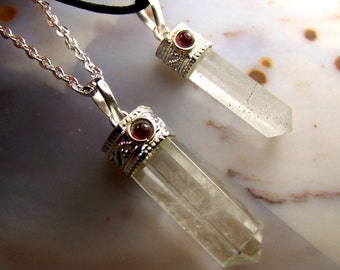 Quartz crystal necklace pendant with Garnet cabochon gemstone - clear Quartz polished stone point - silver cap bead chain or cord