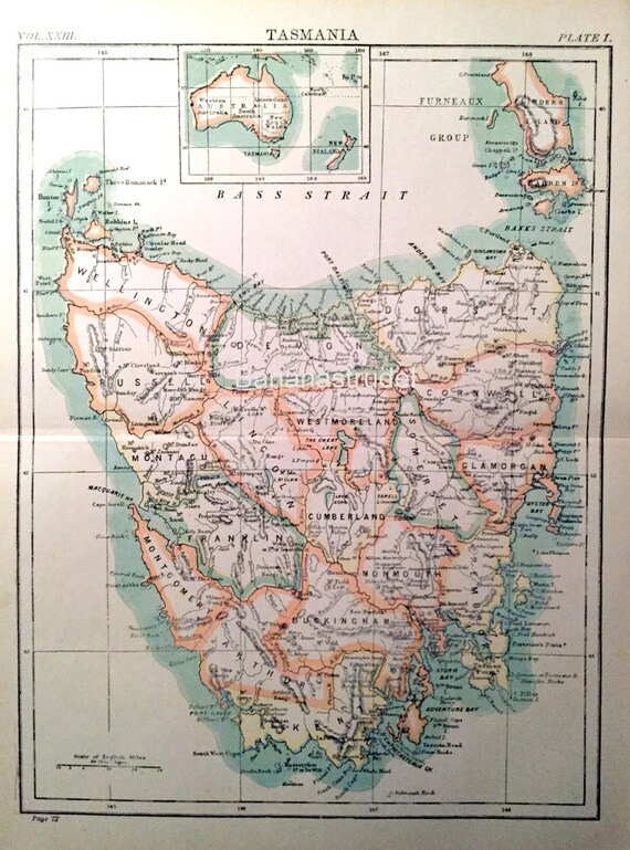 1888 Vintage Map of Tasmania Antique Tasmania by bananastrudel