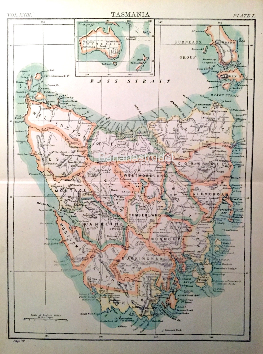 1888 Vintage Map of Tasmania Antique Tasmania by bananastrudel