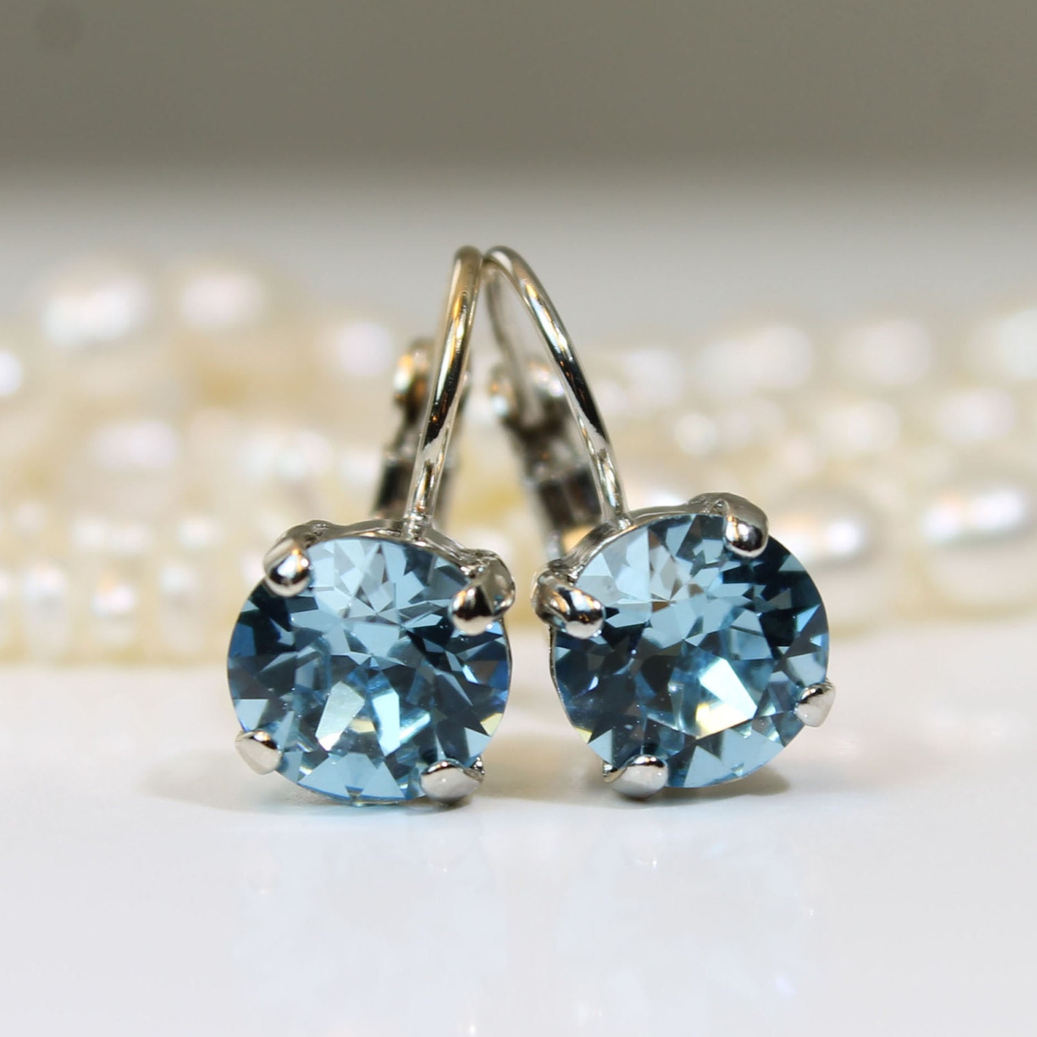 Aqua Blue Swarovski Crystal Earrings Aquamarine Drop Crystal 9593