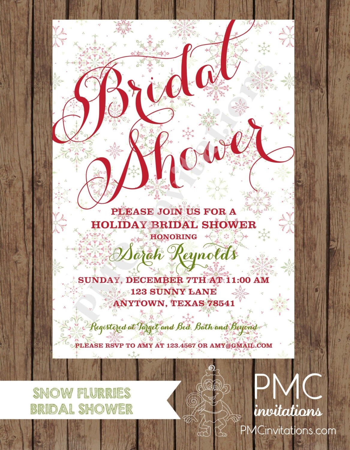 Custom Printed Christmas Bridal Shower Invitations 1.00 each