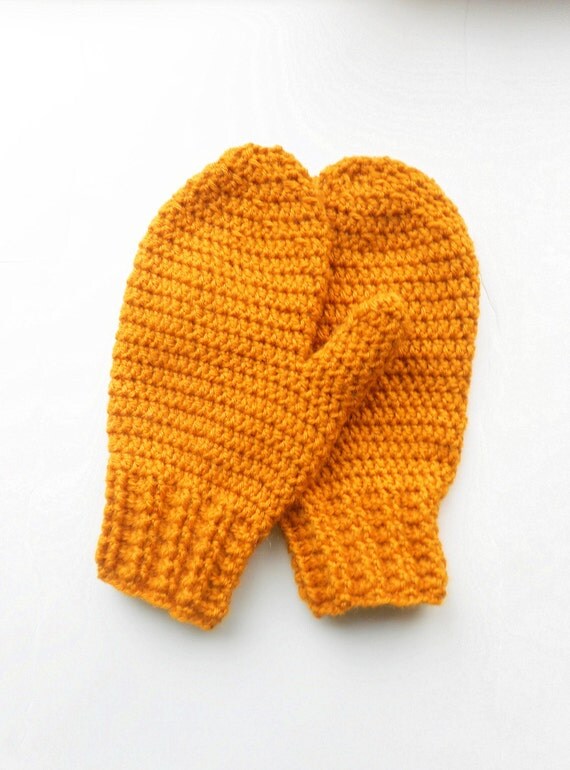 Basic Crochet Mittens in Gold.