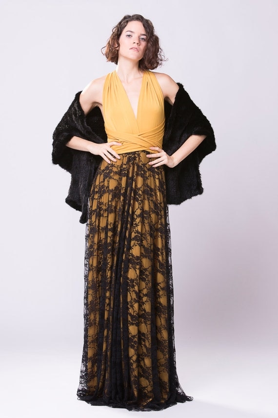 Mustard yellow Bridesmaid dress Boho Vintage lace dress by mimetik