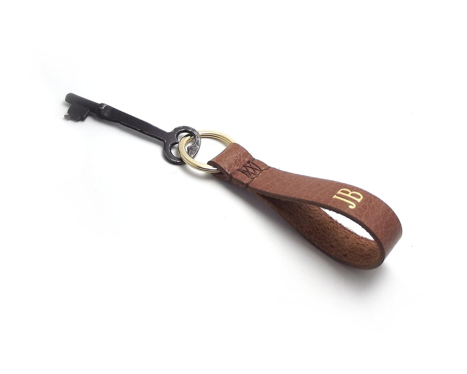 Brown Leather Monogram Keychain Cognac Brown Personalized
