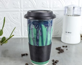 Travel Mug with Lid, To Go Mug with Silicone Lid, Gift for everyone, Mint Green BlueRoomPottery handmade pottery Kitchen gourmet for mom dad