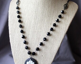 Elegant Black Hibiscus Cameo Necklace