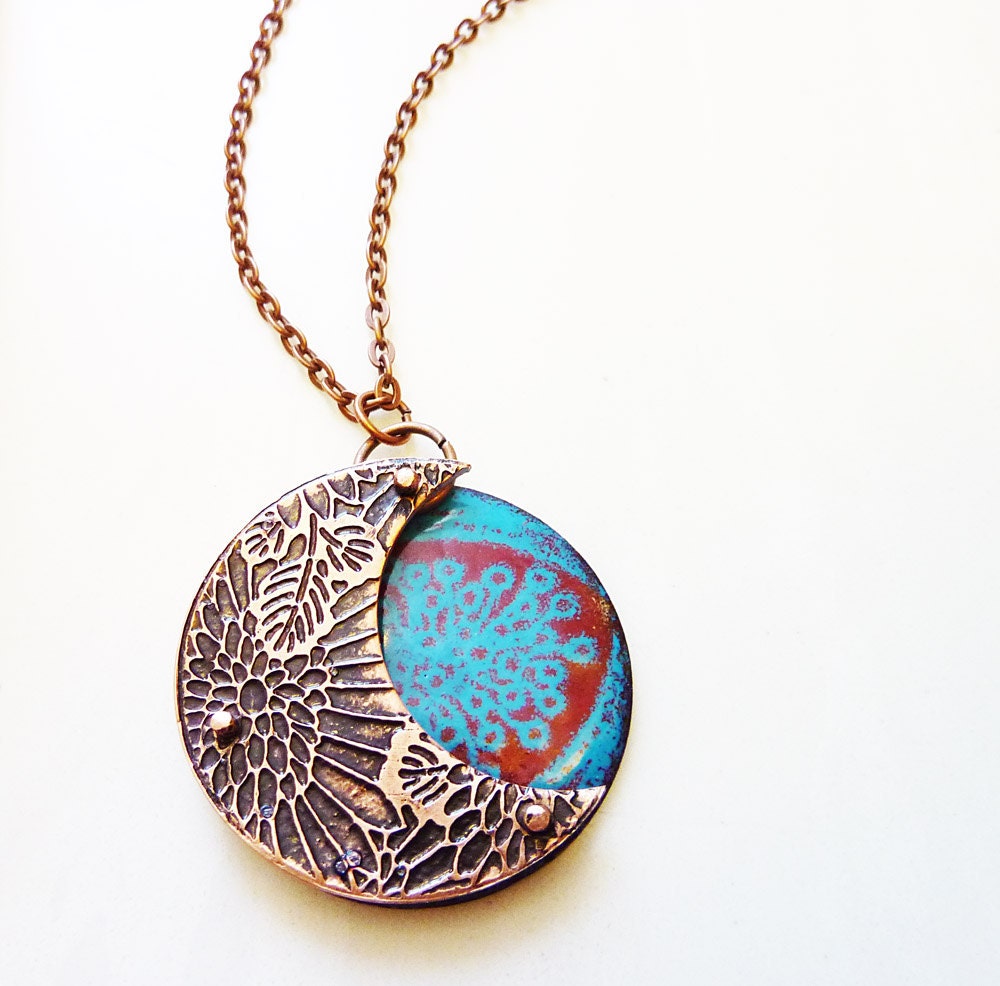 Etched Copper Enamel Necklace Riveted Artisan by RedAvaDesigns