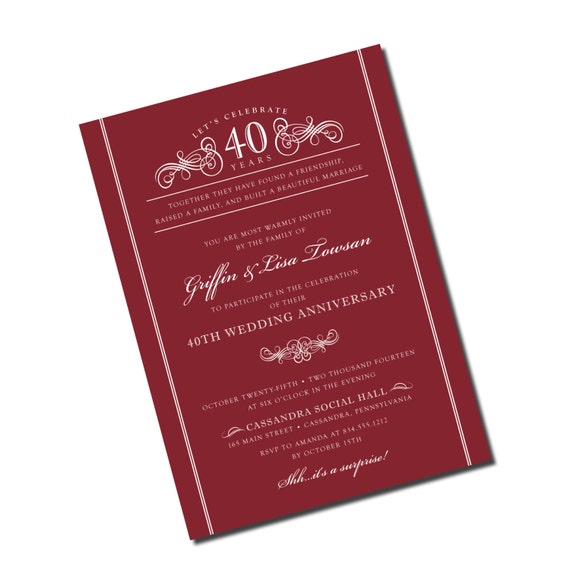 40th Wedding  Anniversary  Invitation  Ruby  Red 