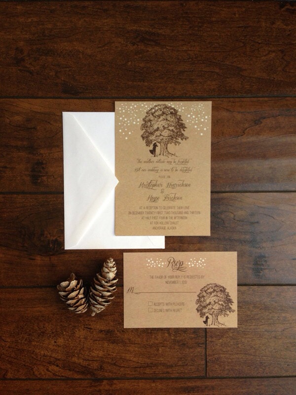 Oak Tree Rustic Wedding Invitation Suite, Kraft Paper Tree Couple Kissing, Rustic Woods ...
