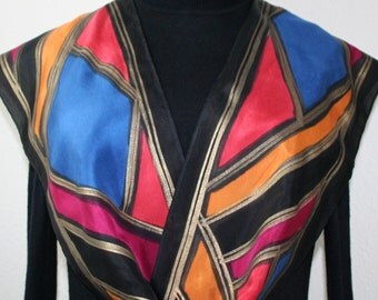 Black Silk Scarf. Hand Painted Silk Scarf. Blue Red Handmade Silk Scarf GEM STONES, in 3 SIZES. Gift-Wrapped.