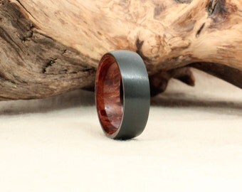 Black Zirconium Wood Ring Lined with Redwood Burl