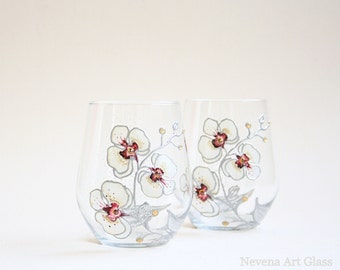 Stemless Wine Glasses, Whiskey Glasses, Goblets, Orchids Glasses, Wedding Glasses, Hand Painted, Set of 2