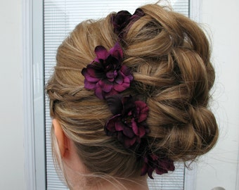 Wedding accessories, Plum flower hair pins, set of 4 Bridal hair flowers