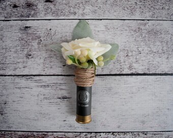 Shotgun Shell Wedding Boutonniere with Ivory Roses and Lamb's Ear
