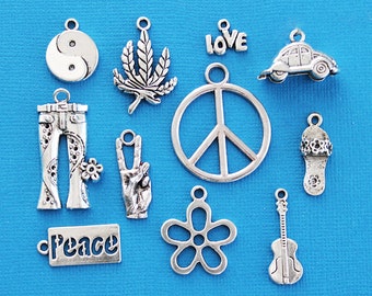 Hippie Charm Collection Antique Silver Tone 11 Different Charms - COL057