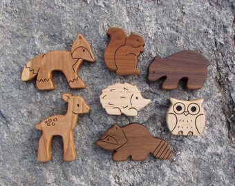 WOODLAND SET - 7 Wooden Toy Animals - Squirrel, Fox, Bear, Raccoon, Fawn, Hedgehog, Owl - Wood Toys - natural Waldorf toys