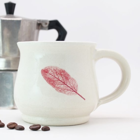 Wheel Thrown Stoneware Red Sage Leaf Mug, Pottery Mug, Handmade Leaf Mug