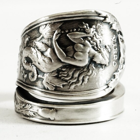 Virgo Zodiac Spoon Ring with Mermaid, Sterling Silver Double Tailed ...