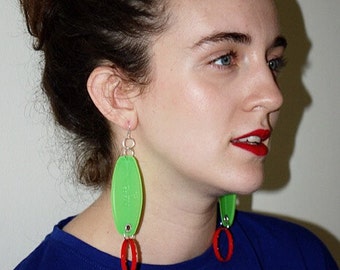 Upcycled Plastic Green Red Statement Earrings