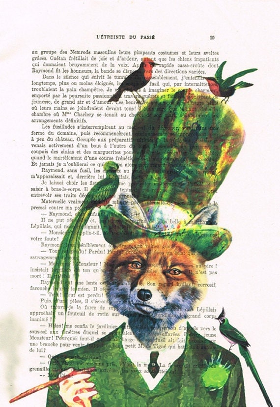 Steampunk Fox with birds Print Illustration Acrylic Painting Animal Painting  Decor Wall hanging Wall Art rabbit illustration painting