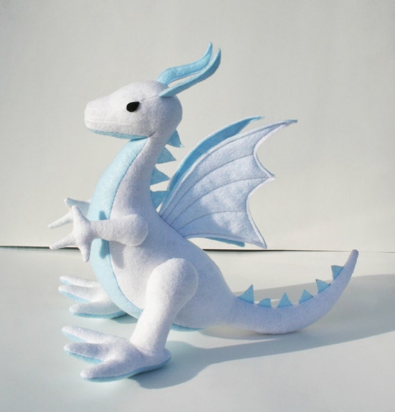 Sky Cloud Fantasy Plush Dragon, Handcrafted Eco Friendly Stuffed Animal Toy, Kids Gift, Boys Gift, White & Blue, English Wyvern, Guardian