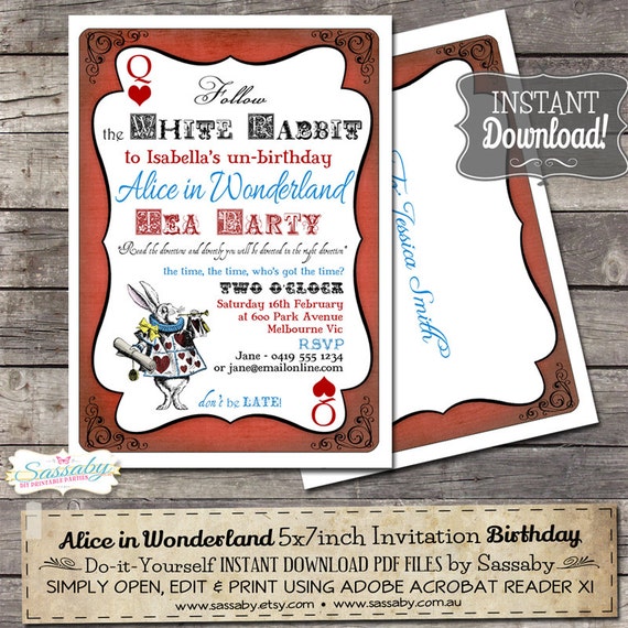 Alice in Wonderland Birthday Party Invitation - INSTANT DOWNLOAD - Editable & Printable Birthday Invitation by Sassaby Il_570xn