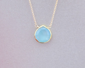 Petite Aqua Chalcedony Tear Shape Pendant Necklace