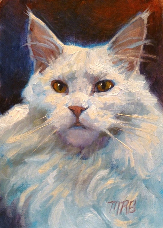 White Maine Coon Cat Original Oil Painting by ArtByMaryRochelle