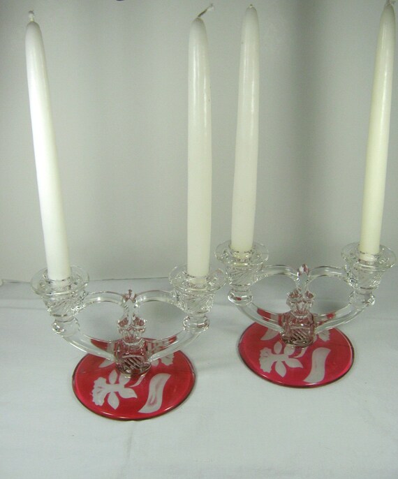 Vintage RUBY Red Flash CANDLEHOLDER Set/2 Etched DAFFODIL