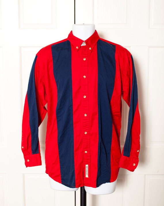 90s Vertical Stripe Collared Button Shirt red and navy