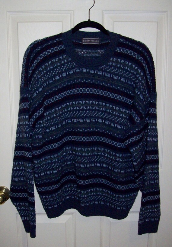 Vintage Men's Blue Striped Sweater by David Taylor Large