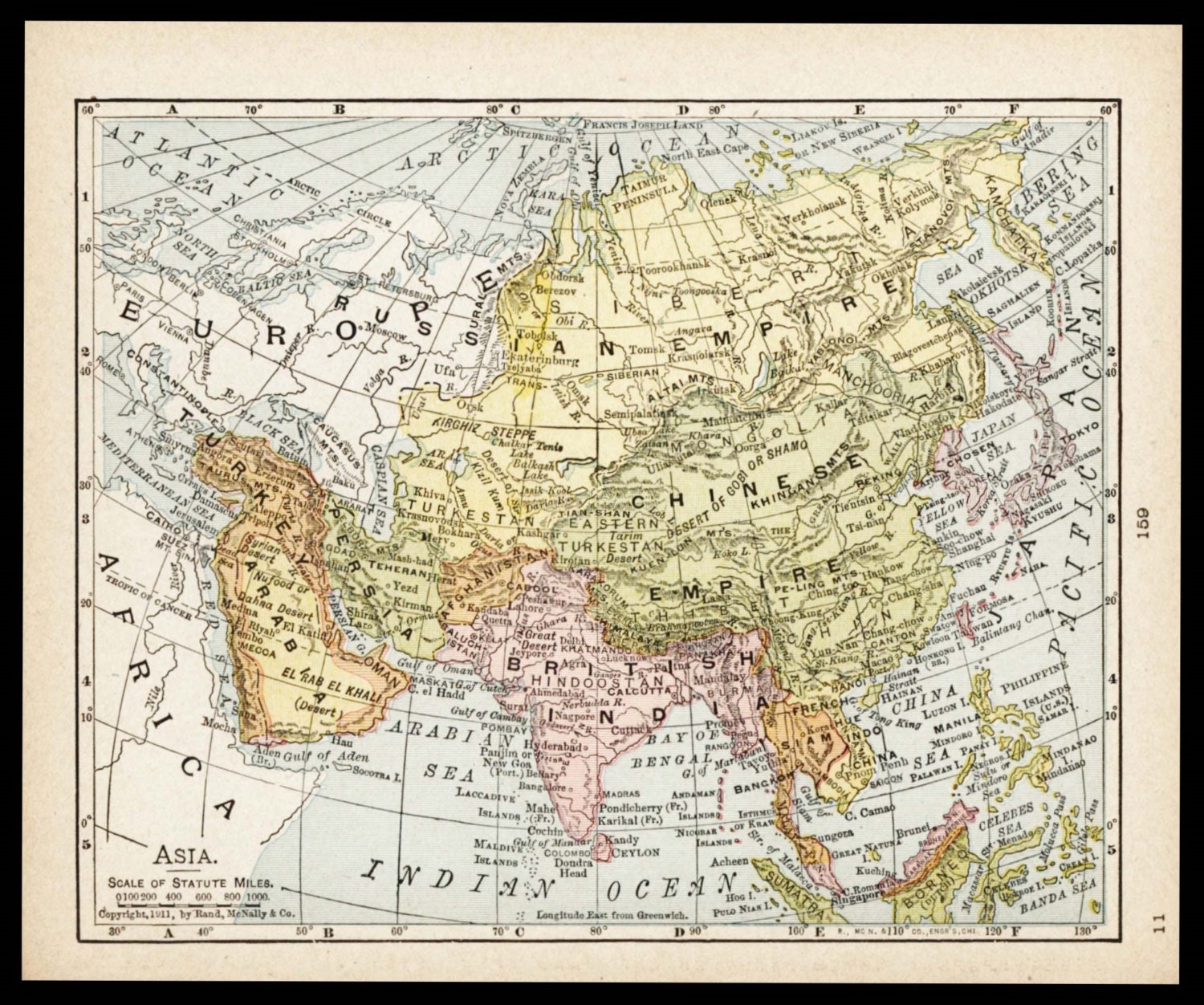 Small Asia Map of Asia Art Vintage Wall Art Print Old Atlas