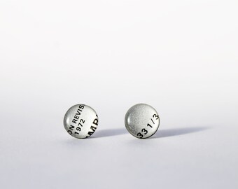 recycled stud earrings vinyl record jewelry silver studs silver post earrings resin jewelry funky jewelry bold jewelry 1972 grey studs