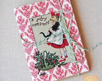 Christmas Note Cards Vintage Girl with Cat Jolly Christmas Set of 20