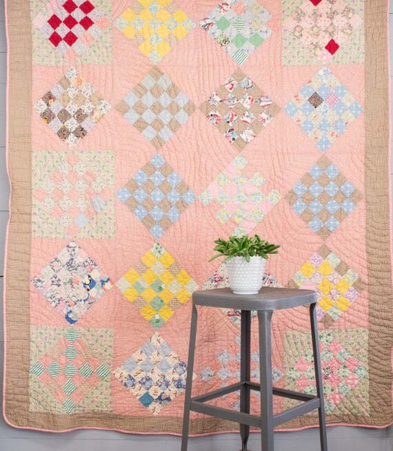 Pastel Pink Quilt Twin Size Bedding Vintage Quilt 25 Patch