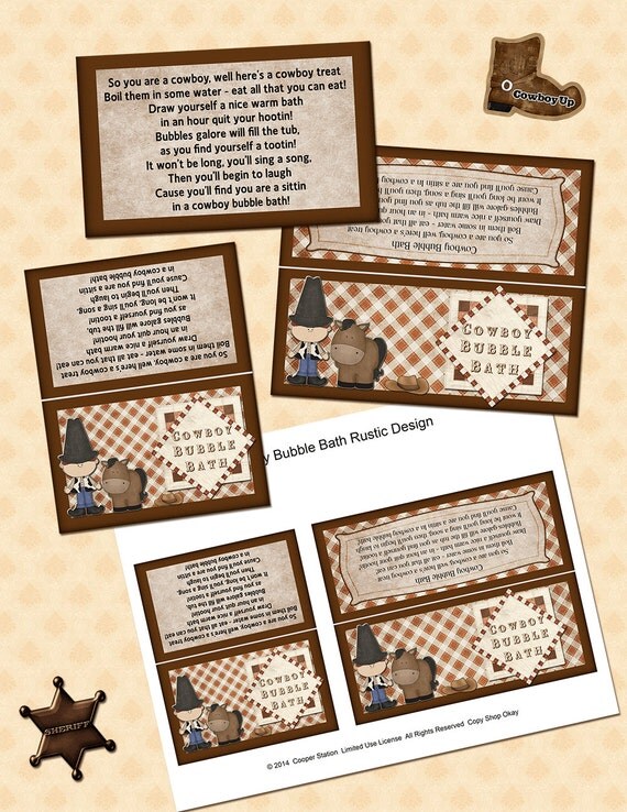 Digital Printable Bag Topper Gag Gift Cowboy Bubble Bath
