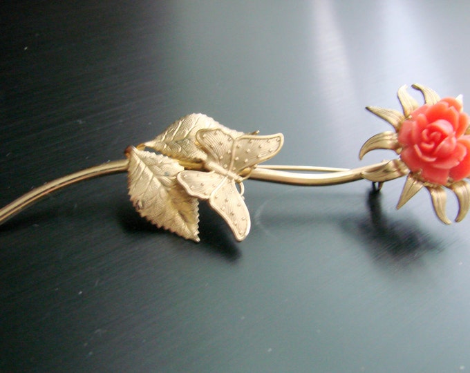 Carved Coral Celluloid Rose Butterfly Brooch / Vintage / Retro / Large / Costume Jewelry / Jewellery