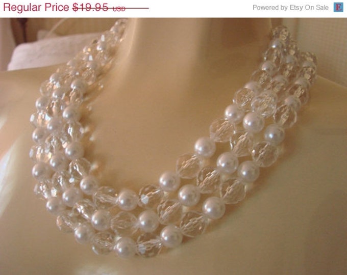 50s Vintage Bead Bib Necklace / Lucite / Crystal / Faux Pearl / Three Strands / Vintage Jewelry